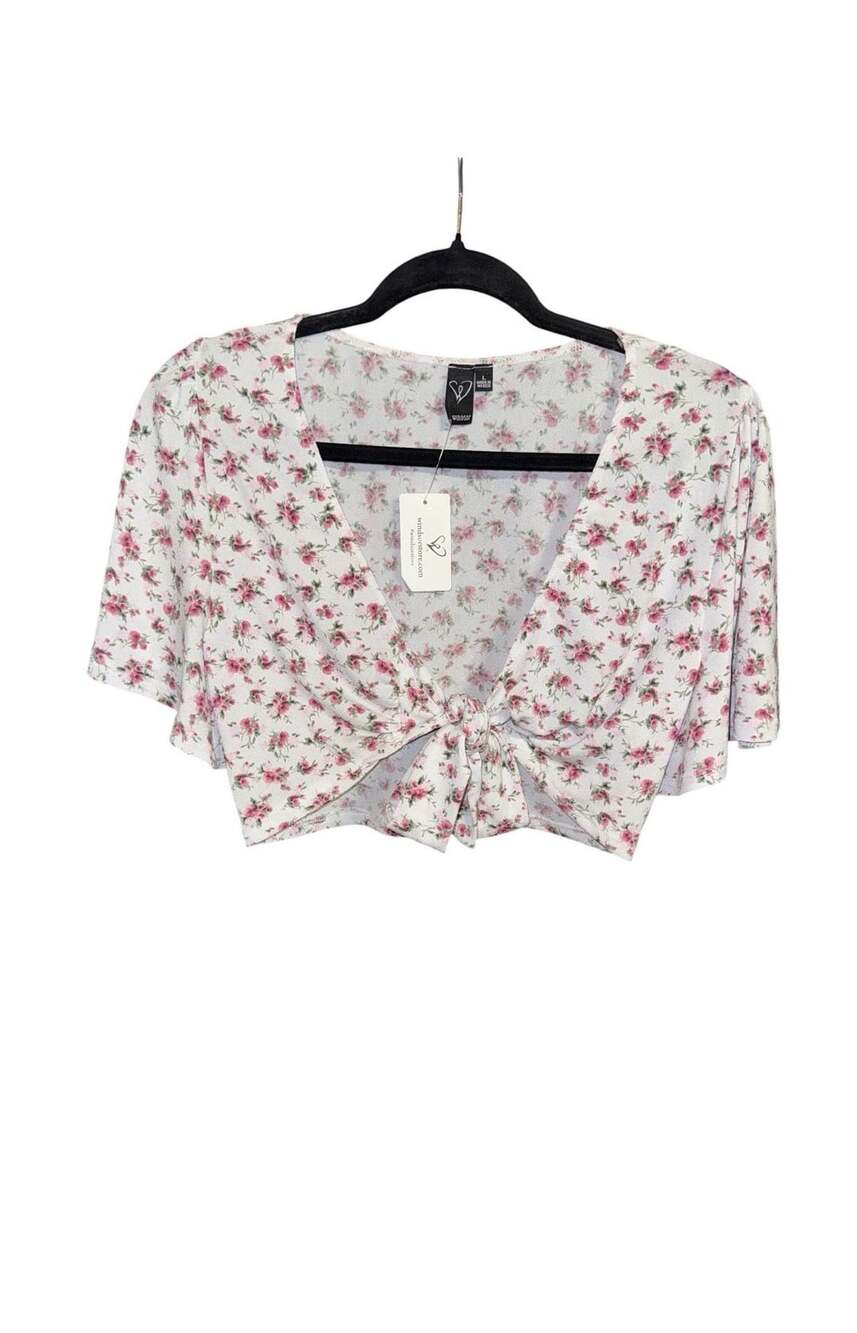 Windsor Tie-Front Crop Top Size L White Pink Ditsy Floral Short Sleeve